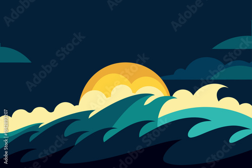 Vector illustration of a summer sea landscape with moon and clouds