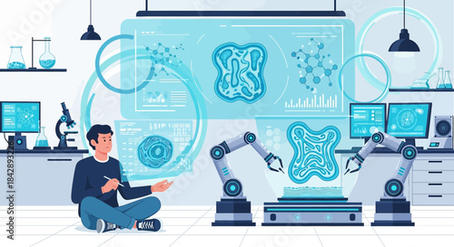 Advanced biotechnology laboratory featuring a scientist interacting with holographic cell data and