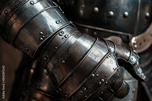 close-up of medieval armor gauntlets with detailed steelwork