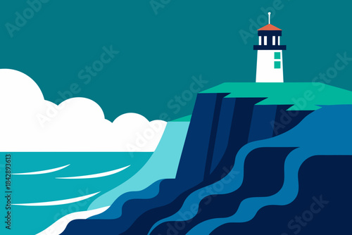 The towering lighthouse beacon illuminates the rocky coastline and vast summer sea