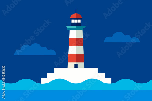 White lighthouse tower on the blue ocean coast with a clear sky, acting as a beacon of safety for navigation