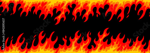 Vector set of red and yellow flame border on black background. Flat style design of fire frame. Illustration of burning flame of fire top and bottom