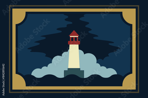 A white beacon guides ships across the dark sea from the island coast tower