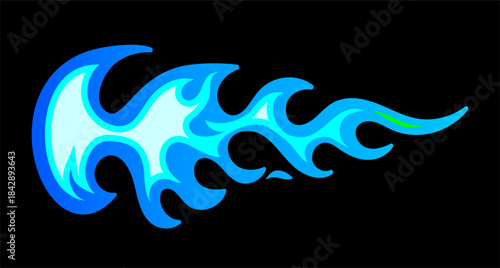 Vector illustration of bright burning tongue of flame on black background. Flat style design of cold blue color fire symbol. Shine tongue of flame icon