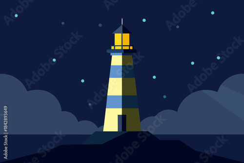 Night landscape featuring a white lighthouse tower on the rocky coast with a powerful beacon illuminating the dark sky above the vast sea