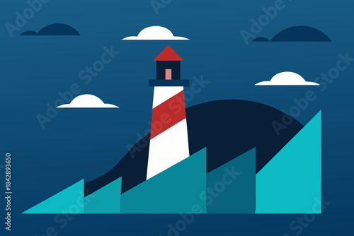 Red and white nautical lighthouse tower on the coast, with light shining against the sky, sea, and clouds