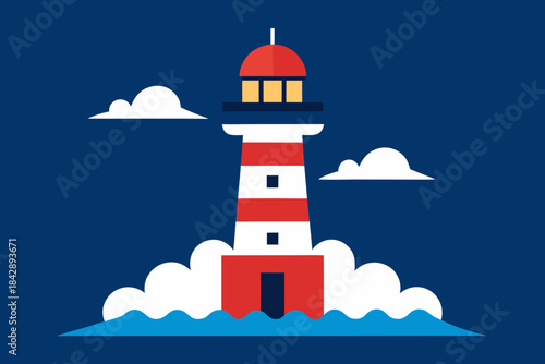 Lighthouse beacon on a white tower guides maritime navigation along the coastline where the ocean meets the sky