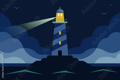 Nautical beacon tower on the rocky coastline under a dark blue night sky guiding travel safety across the ocean