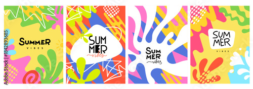 Vector set of poster template with abstract geometric shape. Flat style design of tropical vertical illustration. Bright summer background with text space and shape flower