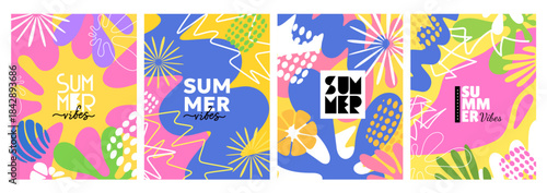 Vector set of cool creative vertical illustration. Poster template with abstract geometric shape and text. Flat style design of abstract tropical background with summer flower