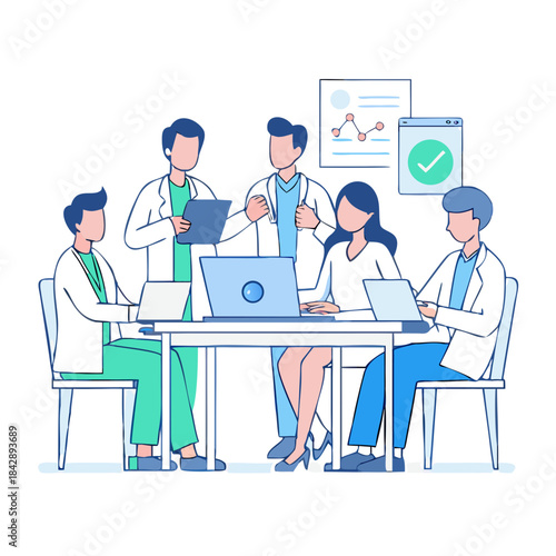 Team of medical workers sitting and meeting with laptops around table. Doctors and staff discussing papers and test results. Healthcare experts handling daily tasks and duties