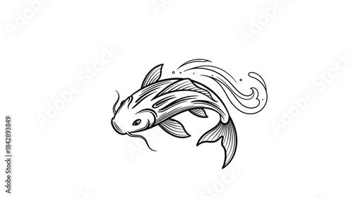 Stylized black and white illustration of a swimming koi fish with water splashes, rendered in a detailed line art style.