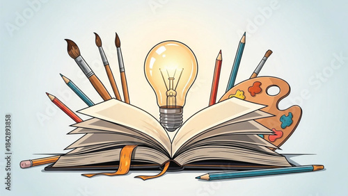 An inspiring vector illustration featuring a glowing light bulb emerging from an open book, symbolizing creativity and the birth of ideas. Surrounded by artistic tools including paintbrushes, colored.