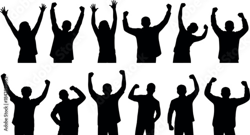 Silhouettes of people celebrating victory in various poses