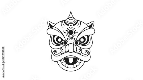 Black and white detailed illustration of a traditional Asian lion dance mask with intricate patterns and a fierce expression, cultural art.