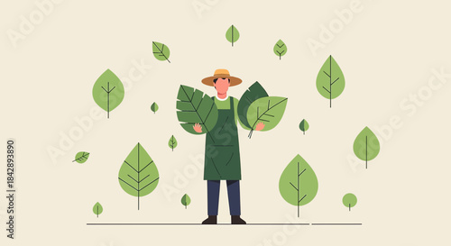 An illustration showcasing a cheerful gardener holding vibrant green foliage amidst floating