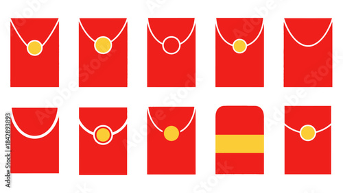 A collection of ten red envelopes with various designs, commonly used for gifting money during Chinese New Year celebrations.