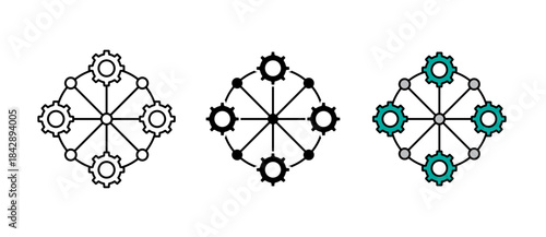 Supplier Chain Network Icon stroke filled and colored icon set. Represents supply chain flow, logistics connectivity, vendor management, distribution links, inventory movement.