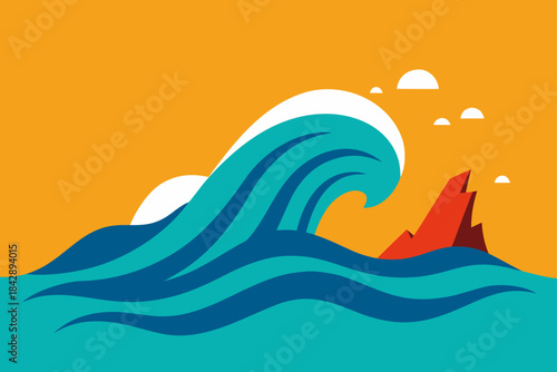 Vector illustration of a tropical island, boat, sky, and sea water in a summer landscape design
