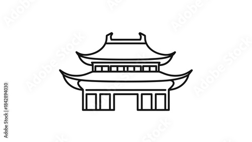 A line art illustration of a traditional East Asian pagoda or temple gate with multiple tiered roofs and upturned eaves.