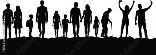 Silhouette families and people walking outdoors, multigenerational group on hillside, children and adults together, elderly figure, social community scene illustration