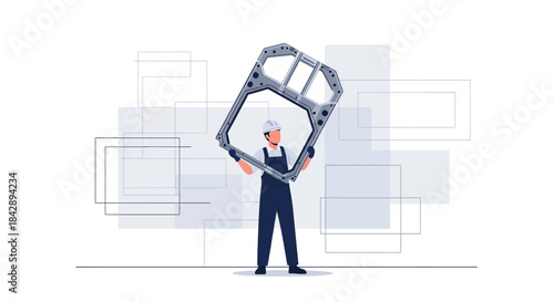 Assembly line worker holding a metallic frame with precision in a manufacturing plant, focusing on