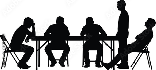 Silhouette group of people in meeting, team discussion at table, business collaboration concept, workplace communication, brainstorming session, professional teamwork scene
