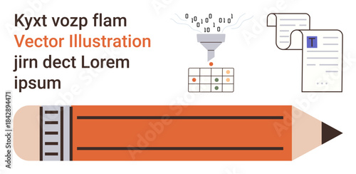 Digital transformation, content creation, data management, office work, digital processing, innovation. Stylized pencil with data elements and documents. Digital transformation and content creation