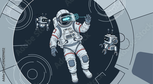 Astronaut in virtual reality exploring space with robot companions in stylized design