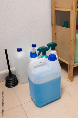 Household cleaning supplies and tools ready for chores