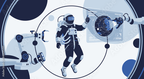 Astronaut interacts with robotic arms exploring deep space interfaces for research and discovery