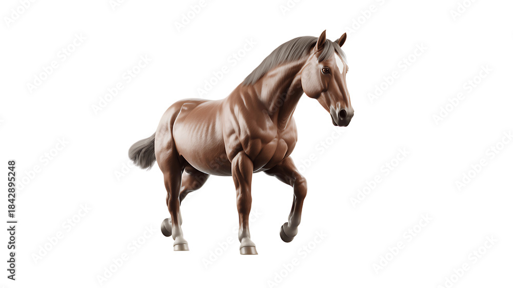 Fototapeta premium Detailed 3d rendering of a brown horse in a walking pose on transparent background