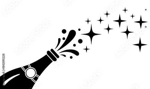 Black and white vector silhouette of champagne bottle popping with sparkling stars for New Year celebration background design