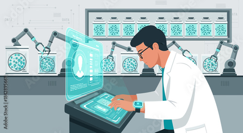 Automated biotechnology research with advanced computer control and robotic arms for data analysis