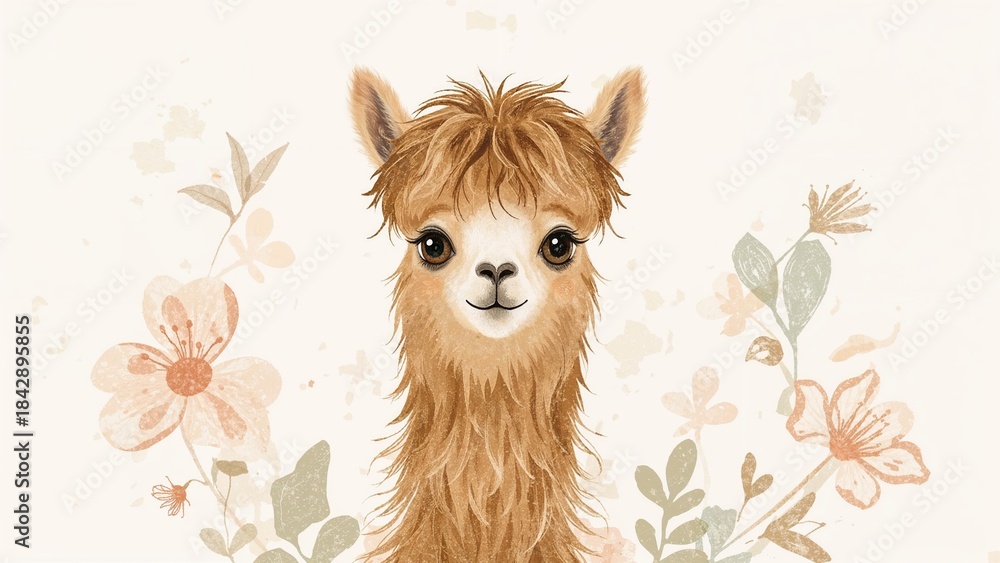 Obraz premium A cute llama or alpaca with light brown fur, large dark eyes, and a sweet expression, surrounded by soft pastel flowers and leaves.