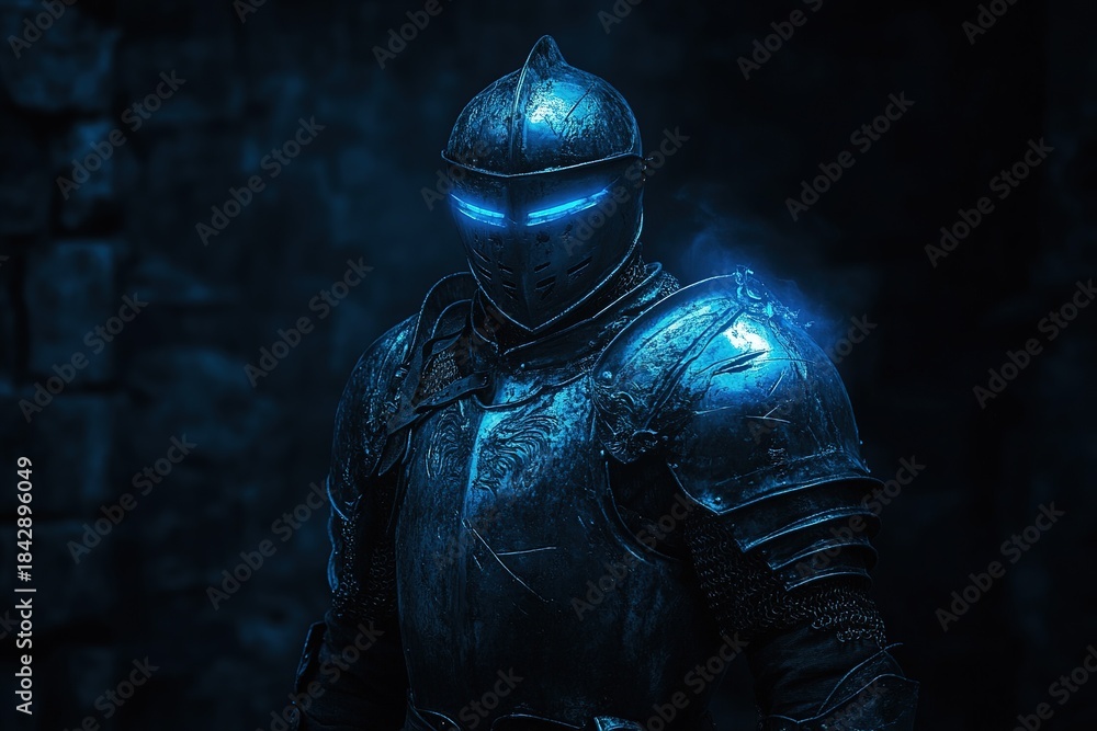 Fototapeta premium medieval armor glowing with faint magical aura in dark chamber