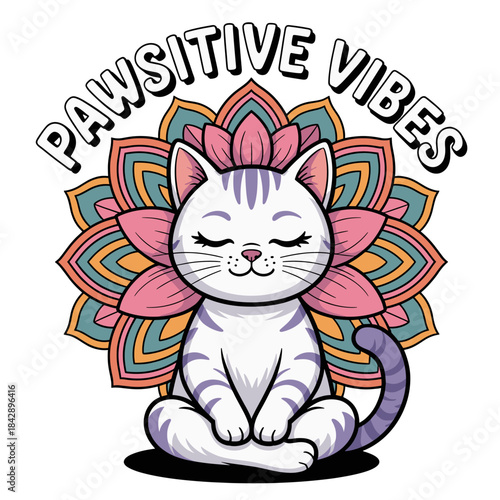 White cat with purple stripes meditating in lotus pose with a colorful mandala behind it tabby cat
