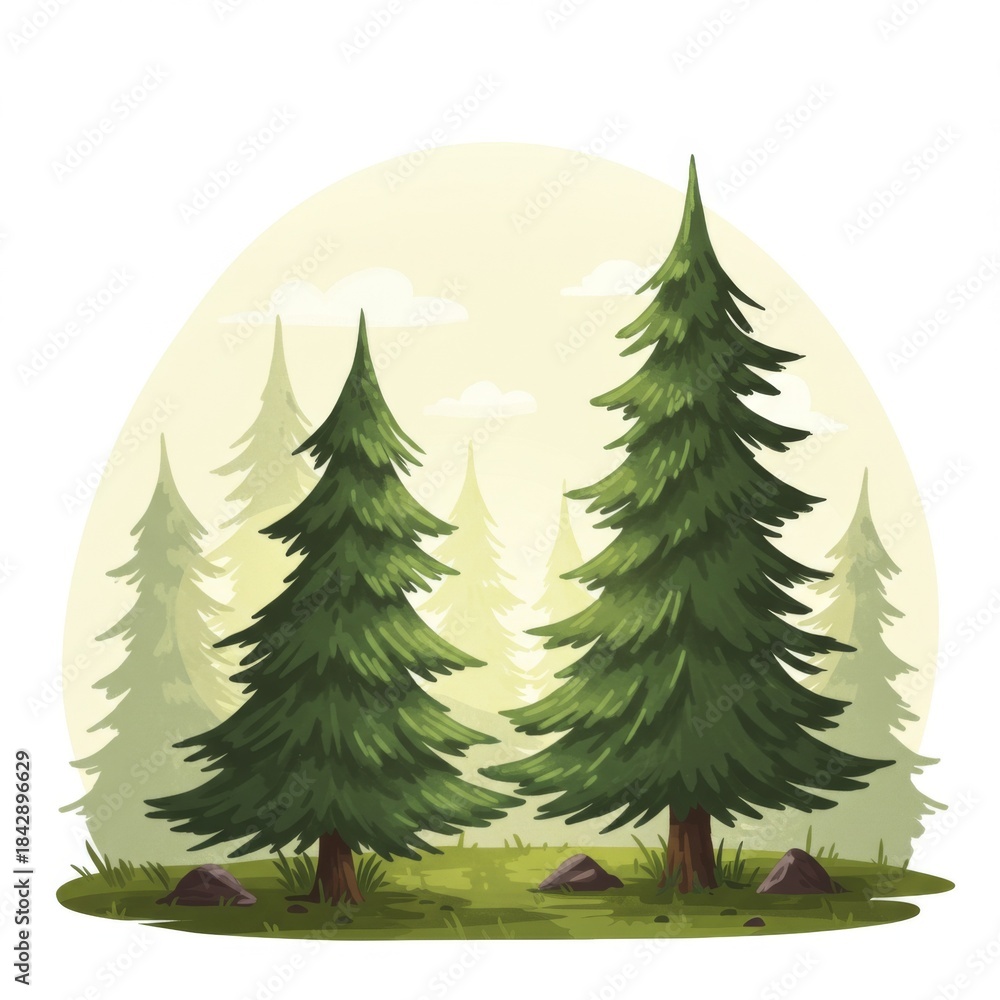 Obraz premium Two Green Pine Trees in a Forest Illustration with Sunlight and Rocks in Pixel Art