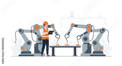 Automated Manufacturing Process with Robotic Arms and Human Supervisor in Modern Factory