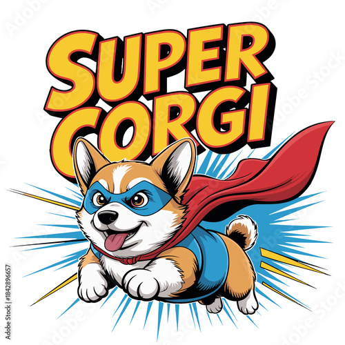 Super corgi dog flying with red cape and blue mask comic book style animal cute