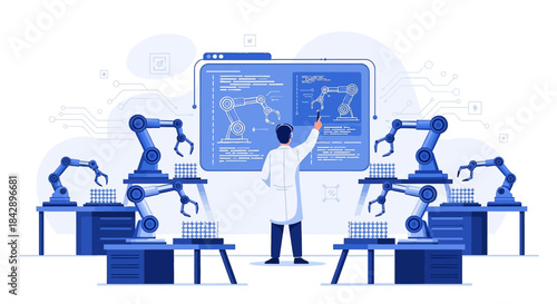 Automated manufacturing process with robotic arms and engineering supervision in factory