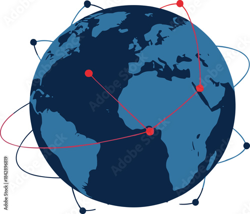 Global network connectivity illustration with Earth, data nodes, and orbital paths for communication, technology, and digital infrastructure themes