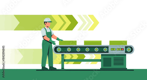 Automated production line conveyor belt with worker in uniform ensuring product quality control