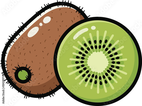 Whole and sliced kiwi fruit illustration with black outline