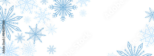 Clean winter background with blue snowflakes forming a decorative border on light background. Ideal for Christmas and New Year banners, greeting cards, posters, invitations, web design