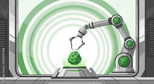 Automated robotic arm manipulating a unique alien gemstone in a futuristic laboratory setting