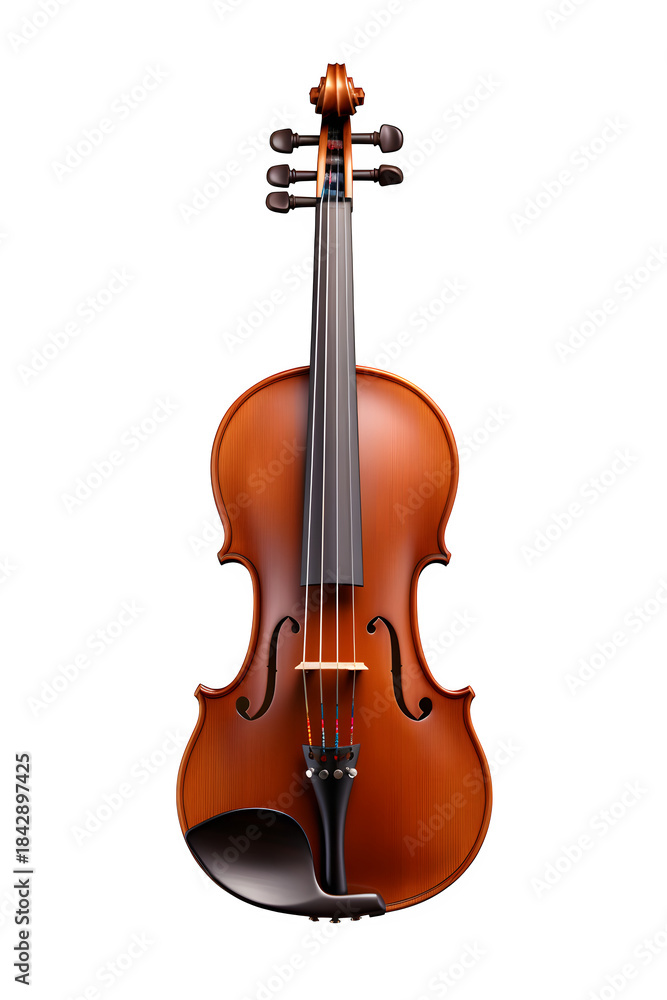 Fototapeta premium Highly detailed classic wooden violin with a glossy reddish-brown varnish, fine string and bridge details, polished ebony fingerboard, bow resting diagonally, Isolated to Transparent Background