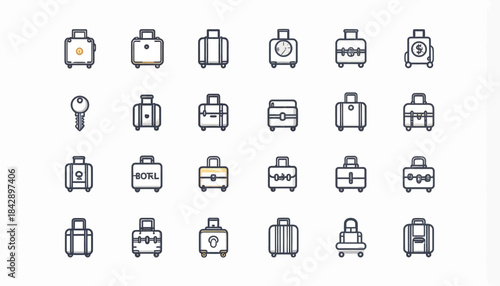 Collection of various minimalist luggage and travel bag icons in a grid.