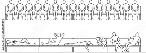 Line art vector of people sitting and sleeping on benches in waiting room or airport terminal