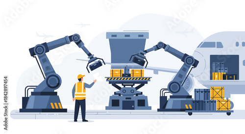 Automated warehouse solutions showcasing robotic arms and airplane cargo loading system